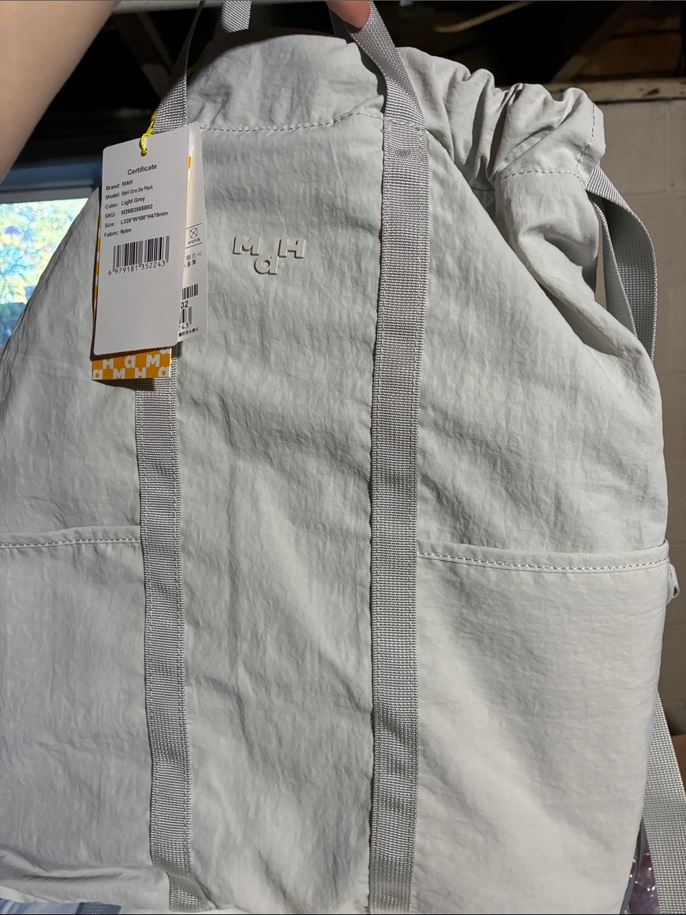 Mah Light Gray Drawstring Backpack